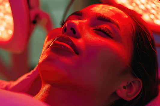femme allongé avec les yeux fermé faisant un soin de thérapie à la lumière rouge
